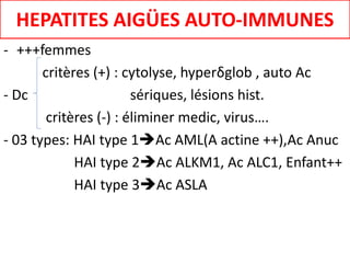 - +++femmes
critères (+) : cytolyse, hyperδglob , auto Ac
- Dc sériques, lésions hist.
critères (-) : éliminer medic, virus….
- 03 types: HAI type 1Ac AML(A actine ++),Ac Anuc
HAI type 2Ac ALKM1, Ac ALC1, Enfant++
HAI type 3Ac ASLA
HEPATITES AIGÜES AUTO-IMMUNES
 
