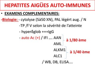 • EXAMENS COMPLEMENTAIRES:
-Biologie: - cytolyse (5à50 XN), PAL légért aug. / N
-TP /f V selon la sévérité de l’atteinte
- hyperδglob +++IgG
- auto Ac (+) / IFI …. AAN
AML
ALKM1
ALC1
/ WB, DB, ELISA….
HEPATITES AIGÜES AUTO-IMMUNES
à 1/80 ème
à 1/40 ème
 