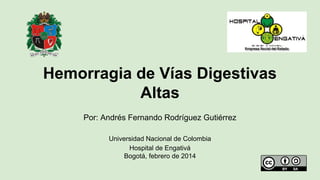 Por: Andrés Fernando Rodríguez Gutiérrez
Universidad Nacional de Colombia
Hospital de Engativá
Bogotá, febrero de 2014
Hemorragia de Vías Digestivas
Altas
 