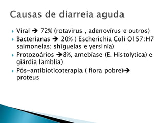  Viral  72% (rotavirus , adenovírus e outros)
 Bacterianas  20% ( Escherichia Coli O157:H7
salmonelas; shiguelas e yersinia)
 Protozoários 8%, amebíase (E. Histolytica) e
giárdia lamblia)
 Pós-antibioticoterapia ( flora pobre)
proteus
 
