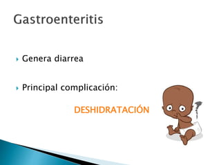  Genera diarrea
 Principal complicación:
DESHIDRATACIÓN
 