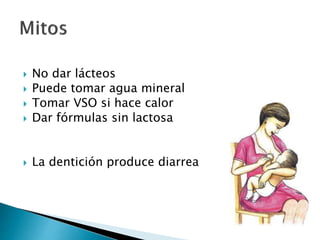  No dar lácteos
 Puede tomar agua mineral
 Tomar VSO si hace calor
 Dar fórmulas sin lactosa
 La dentición produce diarrea
 