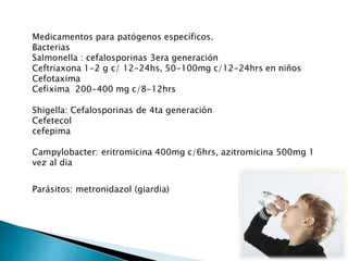 Medicamentos para patógenos específicos.
Bacterias
Salmonella : cefalosporinas 3era generación
Ceftriaxona 1-2 g c/ 12-24hs, 50-100mg c/12-24hrs en niños
Cefotaxima
Cefixima 200-400 mg c/8-12hrs
Shigella: Cefalosporinas de 4ta generación
Cefetecol
cefepima
Campylobacter: eritromicina 400mg c/6hrs, azitromicina 500mg 1
vez al dia
Parásitos: metronidazol (giardia)
 