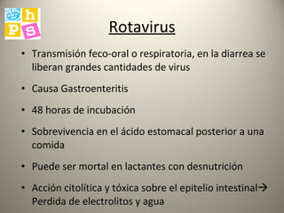 Rotavirus Transmisión feco-oral o respiratoria, en la diarrea se liberan grandes cantidades de virus Causa Gastroenteritis 48 horas de incubación Sobrevivencia en el ácido estomacal posterior a una comida Puede ser mortal en lactantes con desnutrición Acción citolítica y tóxica sobre el epitelio intestinal   Perdida de electrolitos y agua 