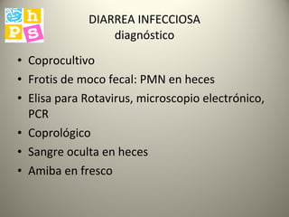 DIARREA INFECCIOSA diagnóstico Coprocultivo Frotis de moco fecal: PMN en heces  Elisa para Rotavirus, microscopio electrónico, PCR Coprológico Sangre oculta en heces Amiba en fresco 