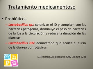 Tratamiento medicamentoso Probióticos Lactobacillus sp.:  colonizan el ID y compiten con las bacterias patógenas, disminuye el paso de bacterias de la luz a la circulación y reduce la duración de las diarreas Lactobacillus GG:  demostrado que acorta el curso de la diarrea por rotavirus.   (J.Pediatric,Child Health 2002 38,219-222) 