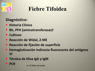 Fiebre   Tifoidea Diagnóstico: Historia Clínica Bh, PFH (aminotransferasas) a Cultivos Reacción de Widal, 2-ME Reacción de fijación de superficie Hemaglutinación indirecta fluorecente del antígeno VI Técnica de Elisa IgG y IgM  PCR a- Casos severos 