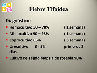 Fiebre Tifoidea Diagnóstico: Hemocultivo 50 – 70%  ( 1 semana) Mielocultivo 90 – 98%  ( 1 semana) Coprocultivo 85%  ( 3 semana) Urocultivo  3 - 5% primeros 3 días Cultivo de Tejido biopsia de roséola 90% 