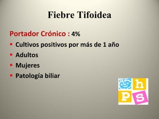Fiebre Tifoidea Portador Crónico :   4% Cultivos positivos por más de 1 año  Adultos  Mujeres  Patología biliar 