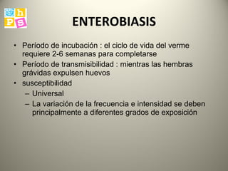 ENTEROBIASIS Período de incubación : el ciclo de vida del verme requiere 2-6 semanas para completarse  Período de transmisibilidad : mientras las hembras grávidas expulsen huevos susceptibilidad  Universal La variación de la frecuencia e intensidad se deben principalmente a diferentes grados de exposición 