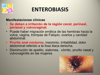 ENTEROBIASIS Manifestaciones clínicas   Se deben a  irritación de la región cecal, perineal, perianal y vulvovaginal . P uede haber migración errática de las hembras hacia la vulva, vagina, trompas de Falopio, ovarios y cavidad abdominal.  P rurito anal nocturno , insomnio, irritabilidad, dolor abdominal referido a la fosa iliaca derecha .   D isminución de apetito, sialorrea,  vómito, prurito nasal y vulvovaginitis en las mujeres.  