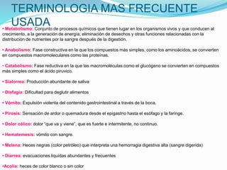 TERMINOLOGIA MAS FRECUENTE
USADA• Metabolismo: Conjunto de procesos químicos que tienen lugar en los organismos vivos y que conducen al
crecimiento, a la generación de energía, eliminación de desechos y otras funciones relacionadas con la
distribución de nutrientes por la sangre después de la digestión.
• Anabolismo: Fase constructiva en la que los compuestos más simples, como los aminoácidos, se convierten
en compuestos macromoleculares como las proteínas.
• Catabolismo: Fase reductiva en la que las macromoléculas como el glucógeno se convierten en compuestos
más simples como el ácido piruvico.
• Sialorrea: Producción abundante de saliva
• Disfagia: Dificultad para deglutir alimentos
• Vómito: Expulsión violenta del contenido gastrointestinal a través de la boca.
• Pirosis: Sensación de ardor o quemadura desde el epigastrio hasta el esófago y la faringe.
• Dolor cólico: dolor “que va y viene”, que es fuerte e intermitente, no continuo.
• Hematemesis: vómito con sangre.
• Melena: Heces negras (color petróleo) que interpreta una hemorragia digestiva alta (sangre digerida)
• Diarrea: evacuaciones liquidas abundantes y frecuentes
•Acolia: heces de color blanco o sin color
 