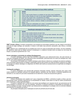 Arlindo Ugulino Netto – GASTROENTEROLOGIA – MEDICINA P7 – 2010.2
213
OBS
2
: Erosão x Úlcera. A eros„o corresponde a uma solu€„o de continuidade superficial, que n„o chega • musculatura
profunda do ‡rg„o (es†fago, por exemplo). A ˆlcera ‚ uma les„o mais profunda, alcan€ando, pelo menos, a camada
muscular.
OBS
3
: Observe que a classifica€„o de Los Angeles leva muito em conta as dimensƒes das erosƒes. Um bom par…metro
de referŠncia visual para se basear durante a endoscopia ‚ a dist…ncia formada entre as presas de uma pin€a de
bi‡psia: sua abertura geralmente tem 7 mm.
Exame radiológico contrastado de esôfago (Esofagograma).
O exame radiol‡gico, embora seja muito difundido e apresente custo relativamente baixo, n„o est• indicado na
rotina de investiga€„o da DRGE, pois apresenta baixa sensibilidade, particularmente nos casos de esofagite leve. Hoje
em dia, vem sendo substituŒdo pela endoscopia.
As principais informa€ƒes que o exame radiol‡gico pode oferecer referem-se a avalia€„o da anatomia esof•gica,
como nas lesƒes estenosantes do es†fago e altera€ƒes motoras pelo achado de ondas terci•rias e espasmos do ‡rg„o.
A indica€„o do m‚todo radiol‡gico no diagn‡stico da DRGE est• restrita ao esclarecimento do significado da disfagia e
da odinofagia.
Cintilografia esofágica.
O exame cintilogr•fico (com tecn‚cio-99) apresenta indica€ƒes restritas, estando reservado para casos onde
exista suspeita de aspira€„o pulmonar de conteˆdo g•strico, pacientes que n„o toleram a pHmetria (pedi•tricos por
exemplo) ou nos casos em que exista necessidade de se determinar o tempo de esvaziamento g•strico.
pHmetria prolongada.
Embora considerada como “padr„o ouro” para o diagn‡stico da DRGE, a pHmetria ‚ sujeita a crŒticas, pois tem
demonstrado existir varia€ƒes significativas na sensibilidade do m‚todo. Ainda assim se trata do melhor procedimento
para caracterizar o refluxo gastroesof•gico.
O exame ‚ realizado com o auxŒlio de uma sonda naso-esof•gica com sensores de pH, que permanece por 24
horas instalada no paciente. Por meio da avalia€„o pHm‚trica, ‚ possŒvel quantificar a intensidade da exposi€„o da
mucosa esof•gica ao •cido. Permite tamb‚m que efetivamente se estabele€a a correla€„o entre os sintomas relatados
pelo paciente e os epis‡dios de refluxo.
As principais indica€ƒes para a realiza€„o do exame de pHmetria de 24 horas s„o:
 