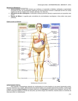 Arlindo Ugulino Netto – GASTROENTEROLOGIA – MEDICINA P7 – 2010.2
275
DIAGN‚STICO DIFERENCIAL
 Hemocromatose: envolve mais homens que mulheres e é associado à diabetes, cardiopatia e pigmentação
bronzeada da pele. As manifestações sistêmicas da hemocromatose se devem a deposição de ferro em outras
regiões que não só o fígado como, coração, pâncreas, rins, olhos etc.
 Deficiência de alfa-1-antitripsina: é associada à doença pulmonar (fibrose) e aparecimento em pacientes mais
jovens.
 Doença de Wilson: é sugerida pela coincidência de anormalidades neurológicas e faixa etária mais jovem
(infância).
COMPLICAƒ„ES DA CIRROSE
HIPERTENSÃO PORTAL
Para entender a fisiopatologia referente às complicações da cirrose hepática (e da própria hipertensão portal),
devemos relembrar que o fígado, diferentemente dos demais órgãos (com exceção especial dos pulmões), recebe dupla
irrigação, oriunda da artéria hepática (circulação sistêmica) e da veia porta (circulação entero-hepática): cerca de 70%
do fluxo sanguíneo hepático é oriundo da veia porta, que drena sangue dos intestinos, trazendo todos os nutrientes da
dieta para serem ai metabolizados.
 