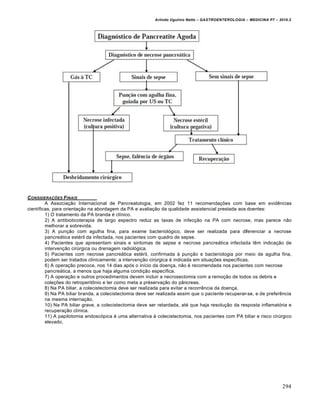 Arlindo Ugulino Netto – GASTROENTEROLOGIA – MEDICINA P7 – 2010.2
294
CONSIDERAƒ„ES FINAIS
A Associação Internacional de Pancreatologia, em 2002 fez 11 recomendações com base em evidências
científicas, para orientação na abordagem da PA e avaliação da qualidade assistencial prestada aos doentes:
1) O tratamento da PA branda é clínico.
2) A antibioticoterapia de largo espectro reduz as taxas de infecção na PA com necrose, mas parece não
melhorar a sobrevida.
3) A punção com agulha fina, para exame bacteriológico, deve ser realizada para diferenciar a necrose
pancreática estéril da infectada, nos pacientes com quadro de sepse.
4) Pacientes que apresentam sinais e sintomas de sepse e necrose pancreática infectada têm indicação de
intervenção cirúrgica ou drenagem radiológica.
5) Pacientes com necrose pancreática estéril, confirmada à punção e bacteriologia por meio de agulha fina,
podem ser tratados clinicamente; a intervenção cirúrgica é indicada em situações específicas.
6) A operação precoce, nos 14 dias após o início da doença, não é recomendada nos pacientes com necrose
pancreática, a menos que haja alguma condição específica.
7) A operação e outros procedimentos devem incluir a necrosectomia com a remoção de todos os debris e
coleções do retroperitônio e ter como meta a préservação do pâncreas.
8) Na PA biliar, a colecistectomia deve ser realizada para evitar a recorrência da doença.
9) Na PA biliar branda, a colecistectomia deve ser realizada assim que o paciente recuperar-se, e de preferência
na mesma internação.
10) Na PA biliar grave, a colecistectomia deve ser retardada, até que haja resolução da resposta inflamatória e
recuperação clínica.
11) A papilotomia endoscópica é uma alternativa à colecistectomia, nos pacientes com PA biliar e risco cirúrgico
elevado.
 