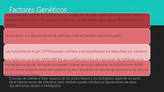 Factores Genéticos
Se ha observado polimorfismo de un solo nucleótido del gen que codifica el transportador hepático
coles...