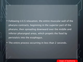 • Following U.E.S relaxation, the entire muscular wall of the
pharynx contracts, beginning in the superior part of the
pha...