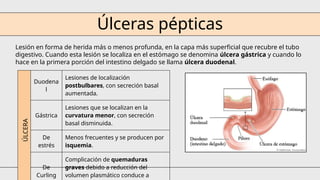 Úlceras pépticas
Lesión en forma de herida más o menos profunda, en la capa más superficial que recubre el tubo
digestivo. Cuando esta lesión se localiza en el estómago se denomina úlcera gástrica y cuando lo
hace en la primera porción del intestino delgado se llama úlcera duodenal.
ÚLCERA
Duodena
l
Lesiones de localización
postbulbares, con secreción basal
aumentada.
Gástrica
Lesiones que se localizan en la
curvatura menor, con secreción
basal disminuida.
De
estrés
Menos frecuentes y se producen por
isquemia.
De
Curling
Complicación de quemaduras
graves debido a reducción del
volumen plasmático conduce a
 