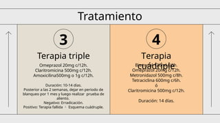 3
Tratamiento
Terapia triple
Omeprazol 20mg c/12h.
Claritromicina 500mg c/12h.
Amoxicilina500mg o 1g c/12h.
Duración: 10-14 días.
Posterior a las 2 semanas, dejar en periodo de
blanqueo por 1 mes y luego realizar prueba de
aliento.
Negativo: Erradicación.
Positivo: Terapia fallida  Esquema cuádruple.
Terapia
cuádriple
Bismutol 120ml c/6h.
Omeprazol 20mg c/12h.
Metronidazol 500mg c/8h.
Tetraciclina 600mg c/6h.
ó
Claritromicina 500mg c/12h.
Duración: 14 días.
4
 