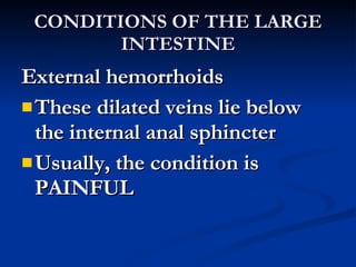 CONDITIONS OF THE LARGE INTESTINE <ul><li>External hemorrhoids </li></ul><ul><li>These dilated veins lie below the interna...