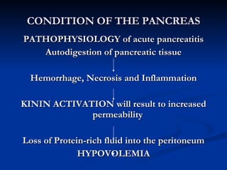 CONDITION OF THE PANCREAS <ul><li>PATHOPHYSIOLOGY of acute pancreatitis </li></ul><ul><li>Autodigestion of pancreatic tiss...