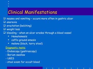 Clinical Manifestations nausea and vomiting – occurs more often in gastric ulcer anorexia eructation (belching) weight loss bleeding – when an ulcer erodes through a blood vessel Hematemesis caffe-ground emesis melena (black, tarry stool) Diagnostic tests: Endoscopy (gastroscopy) Barium swallow UGIS stool exam for occult blood 