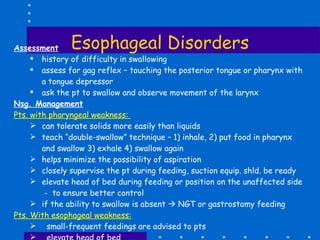 Esophageal Disorders Assessment history of difficulty in swallowing assess for gag reflex – touching the posterior tongue or pharynx with a tongue depressor ask the pt to swallow and observe movement of the larynx Nsg. Management Pts. with pharyngeal weakness:  can tolerate solids more easily than liquids teach “double-swallow” technique – 1) inhale, 2) put food in pharynx and swallow 3) exhale 4) swallow again helps minimize the possibility of aspiration closely supervise the pt during feeding, suction equip. shld. be ready  elevate head of bed during feeding or position on the unaffected side -  to ensure better control  if the ability to swallow is absent    NGT or gastrostomy feeding Pts. With esophageal weakness: small-frequent feedings are advised to pts elevate head of bed 