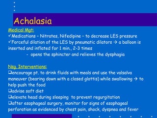 Achalasia Medical Mgt: Medications – Nitrates, Nifedipine – to decrease LES pressure Forceful dilation of the LES by pneumatic dilators    a balloon is inserted and inflated for 1 min., 2-3 times   -  opens the sphincter and relieves the dysphagia Nsg. Interventions: encourage pt. to drink fluids with meals and use the valsalva maneuver (bearing down with a closed glottis) while swallowing    to help push the food advise soft diet elevate head during sleeping  to prevent regurgitation after esophageal surgery, monitor for signs of esophageal perforation as evidenced by chest pain, shock, dyspnea and fever 