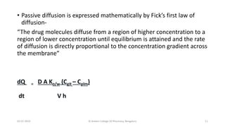 • Passive diffusion is expressed mathematically by Fick’s first law of
diffusion-
“The drug molecules diffuse from a region of higher concentration to a
region of lower concentration until equilibrium is attained and the rate
of diffusion is directly proportional to the concentration gradient across
the membrane”
dQ = D A Ko/w (Cgit – Cplm)
dt V h
02-07-2019 Al Ameen College Of Pharmacy, Bengaluru 11
 