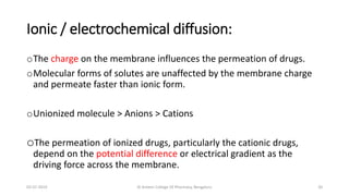 Ionic / electrochemical diffusion:
oThe charge on the membrane influences the permeation of drugs.
oMolecular forms of solutes are unaffected by the membrane charge
and permeate faster than ionic form.
oUnionized molecule > Anions > Cations
oThe permeation of ionized drugs, particularly the cationic drugs,
depend on the potential difference or electrical gradient as the
driving force across the membrane.
02-07-2019 Al Ameen College Of Pharmacy, Bengaluru 20
 