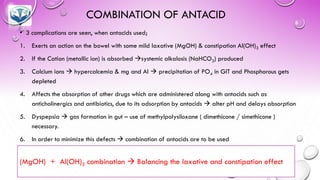 COMBINATION OF ANTACID
• 3 complications are seen, when antacids used;
1. Exerts an action on the bowel with some mild laxative (MgOH) & constipation Al(OH)3 effect
2. If the Cation (metallic ion) is absorbed →systemic alkalosis (NaHCO3) produced
3. Calcium ions → hypercalcemia & mg and Al → precipitation of PO4 in GIT and Phosphorous gets
depleted
4. Affects the absorption of other drugs which are administered along with antacids such as
anticholinergics and antibiotics, due to its adsorption by antacids → alter pH and delays absorption
5. Dyspepsia → gas formation in gut – use of methylpolysiloxane ( dimethicone / simethicone )
necessary.
6. In order to minimize this defects → combination of antacids are to be used
(MgOH) + Al(OH)3 combination → Balancing the laxative and constipation effect
 