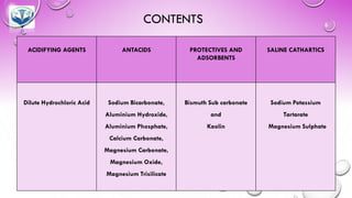 CONTENTS
ACIDIFYING AGENTS ANTACIDS PROTECTIVES AND
ADSORBENTS
SALINE CATHARTICS
Dilute Hydrochloric Acid Sodium Bicarbonate,
Aluminium Hydroxide,
Aluminium Phosphate,
Calcium Carbonate,
Magnesium Carbonate,
Magnesium Oxide,
Magnesium Trisilicate
Bismuth Sub carbonate
and
Kaolin
Sodium Potassium
Tartarate
Magnesium Sulphate
 