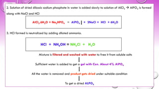 2. Solution of dried dibasic sodium phosphate in water is added slowly to solution of AlCl3 → AlPO4 is formed
along with NaCl and HCl
3. HCl formed is neutralized by adding diluted ammonia.
Mixture is filtered and washed with water to free it from soluble salts
Sufficient water is added to get a gel with Con. About 4% AlPO4
All the water is removed and product gets dried under suitable condition
To get a dried ALPO4
AlCl3.6H2O + Na2HPO4 = AlPO4 + 2NaCl + HCl + 6H2O
HCl + NH4OH = NH4Cl + H2O
 