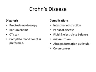 Crohn’s Disease
Diagnosis
• Proctosigmoidoscopy
• Barium enema
• CT scan
• Complete blood count is
preformed.
Complications
• Intestinal obstruction
• Perianal disease
• Fluid & electrolyte balance
• mal-nutrition
• Abscess formation as fistula
• Colon cancer
 
