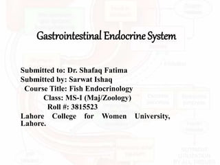 Gastrointestinal Endocrine System
Submitted to: Dr. Shafaq Fatima
Submitted by: Sarwat Ishaq
Course Title: Fish Endocrinology
Class: MS-I (Maj/Zoology)
Roll #: 3815523
Lahore College for Women University,
Lahore.
 