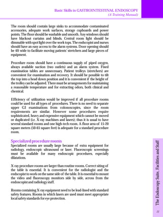 Basic Skills in GASTROINTESTINAL ENDOSCOPY 
(A Training Manual) 
The room should contain large sinks to accommodate contaminated 
accessories, adequate work surfaces, storage cupboards and power 
points. The floor should be washable and smooth. Any windows should 
have blackout curtains and blinds. Central room light should be 
dimmable with spot light over the work tops. The endscopist and nurses 
should have an easy access to the alarm systems. Door opening should 
be 4ft wide to facilitate moving patients' stretchers and large pieces of 
equipment. 
Procedure room should have a continuous supply of piped oxygen, 
always available suction (two outlets) and an alarm system. Fixed 
examination tables are unnecessary. Patient trolleys (stretchers) are 
convenient for examination and recovery. It should be possible to tilt 
the top into a head down position and it is convenient if the height of 
the trolley can be adjusted. There must be arrangements for maintaining 
a reasonable temperature and for extracting odors, both clinical and 
chemical. 
Efficiency of utilization would be improved if all procedure rooms 
could be used for all types of procedures. There is no need to separate 
upper GI examinations from colonoscopies, since the room 
requirements are similar. However some procedures require 
sophisticated, heavy and expensive equipment which cannot be moved 
or duplicated (i.e. X-ray machines and lasers); thus it is usual to have 
several standard rooms and one high-tech room. A floor area of 15-20 
square meters (50-65 square feet) is adequate for a standard procedure 
room. 
Specialized procedure rooms 
Specialized rooms are usually large because of extra equipment for 
radiology, endoscopic ultrasound or laser. Fluoroscopic screenings 
must be available for many endoscopic procedures, especially 
dilatations. 
X-ray procedure rooms are larger than routine rooms. Correct siting of 
the table is essential. It is convenient for the radiologist and the 
endscopist to work on the same side of the table. It is essential to mount 
the video and fluoroscopy monitors side by side, across from the 
endoscopist and radiology staff. 
Rooms containing X-ray equipment need to be lead-lined with standard 
safety features. Rooms in which lasers are used must meet appropriate 
local safety standards for eye protection. 
The Endoscopy Suite, Facilities and Staff 
11 
 
