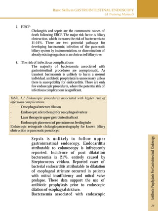 7. ERCP 
Basic Skills in GASTROINTESTINAL ENDOSCOPY 
(A Training Manual) 
Cholangitis and sepsis are the commonest causes of 
death following ERCP. The major risk factor is biliary 
obstruction, which increases the risk of bacteraemia to 
11-16%. There are two potential pathways for 
developing bacteraemia; infection of the pancreatic 
biliary system by instrumentation, or dissemination of 
already existing organism in an obstructed biliary tree. 
8. The risk of infectious complications 
The majority of bacteraemia associated with 
gastrointestinal procedures are asymptomatic. As 
transient bacteraemia is unlikely to harm a normal 
individual, antibiotic prophylaxis is unnecessary unless 
there is susceptibility for endocarditis. There are only 
few endoscopic procedures, where the potential risk of 
infectious complications is significant. 
Table. 5.1 Endoscopic procedures associated with higher risk of 
infectious complications. 
· Oesophageal stricture dilation 
· Endoscopic sclerotherapy for oesophageal varices 
· Laser therapy in upper gastrointestinal tract 
· Endoscopic placement of percutaneous feeding tube 
Endoscopic retrograde cholangiopancreatography for known biliary 
obstruction or pancreatic pseudocyst 
Sepsis is unlikely to follow upper 
gastrointestinal endoscopy. Endocarditis 
attributable to colonoscopy is infrequently 
reported. Incidence of post dilatation 
bacteraemia is 21%, entirely caused by 
Streptococcus viridans. Reported cases of 
bacterial endocarditis attributable to dilatation 
of esophageal stricture occurred in patients 
with mitral insufficiency and mitral valve 
prolapse. These data support the use of 
antibiotic prophylaxis prior to endoscopic 
dilation of esophageal stricture. 
Bacteraemia associated with endoscopic 
Antibiotic Prophylaxis For Gastrointestinal Endoscopy 
29 
 