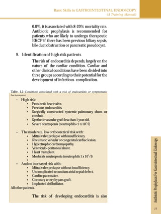 Basic Skills in GASTROINTESTINAL ENDOSCOPY 
(A Training Manual) 
Antibiotic Prophylaxis For Gastrointestinal Endoscopy 
0.8%, it is associated with 8-20% mortality rate. 
Antibiotic prophylaxis is recommended for 
patients who are likely to undergo therapeutic 
ERCP if there has been previous biliary sepsis, 
bile duct obstruction or pancreatic pseudocyst. 
9. Identification of high risk patients 
The risk of endocarditis depends, largely on the 
nature of the cardiac condition. Cardiac and 
other clinical conditions have been divided into 
three groups according to their potential for the 
development of infectious complication. 
Table. 5.2 Conditions associated with a risk of endocarditis or symptomatic 
bacteraemia. 
·High risk: 
§Prosthetic heart valve. 
§Previous endocarditis. 
§Surgically constructed systemic-pulmonary shunt or 
conduit. 
§Synthetic vascular graft less than 1 year old. 
3 §Severe neutropenia (neutrophils<1 x 10 /l) 
·The moderate, low or theoretical risk with: 
§Mitral valve prolapse with insufficiency. 
§Rheumatic valvular or congenital cardiac lesion. 
§Hypertrophic cardiomyopathy. 
§Ventriculo-peritoneal shunt. 
§Heart transplant. 
3 §Moderate neutropenia (neutrophils 1 x 10 /l) 
§ 
·And no increased risk with: 
§Mitral valve prolapse without insufficiency. 
§Uncomplicated secundum atrial septal defect. 
§Cardiac pacemaker. 
§Coronary artery bypass graft. 
§Implanted defibrillator. 
All other patients. 
The risk of developing endocarditis is also 
31 
 