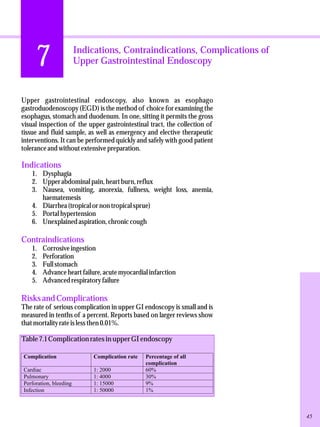 7 
Indications, Contraindications, Complications of 
Upper Gastrointestinal Endoscopy 
Upper gastrointestinal endoscopy, also known as esophago 
gastroduodenoscopy (EGD) is the method of choice for examining the 
esophagus, stomach and duodenum. In one, sitting it permits the gross 
visual inspection of the upper gastrointestinal tract, the collection of 
tissue and fluid sample, as well as emergency and elective therapeutic 
interventions. It can be performed quickly and safely with good patient 
tolerance and without extensive preparation. 
Indications 
1. Dysphagia 
2. Upper abdominal pain, heart burn, reflux 
3. Nausea, vomiting, anorexia, fullness, weight loss, anemia, 
haematemesis 
4. Diarrhea (tropical or non tropical sprue) 
5. Portal hypertension 
6. Unexplained aspiration, chronic cough 
Contraindications 
1. Corrosive ingestion 
2. Perforation 
3. Full stomach 
4. Advance heart failure, acute myocardial infarction 
5. Advanced respiratory failure 
Risks and Complications 
The rate of serious complication in upper GI endoscopy is small and is 
measured in tenths of a percent. Reports based on larger reviews show 
that mortality rate is less then 0.01%. 
Table 7.1 Complication rates in upper GI endoscopy 
Complication Complication rate Percentage of all 
complication 
Cardiac 1: 2000 60% 
Pulmonary 1: 4000 30% 
Perforation, bleeding 1: 15000 9% 
Infection 1: 50000 1% 
45 
 