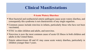Clinical Manifestations
Acute Watery Diarrhea
 Most bacterial and nonbacterial enteric pathogens cause acute watery diarrhea, and
consequently this syndrome is not characteristic of any single organism.
 Common causes include rotavirus in infants, particularly those who have not been
vaccinated,
 ETEC in older children and adults, and norovirus.
 Norovirus is now the most common cause of acute GI illness in both children and
adults in the United States.
 Enteric adenoviruses 40 and 41 may cause acute watery diarrhea, particularly in
children younger than 5 years.
 