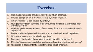 Exercises-
1. HUS is a complication of Gastroenteritis by which organism?
2. GBS is a complication of Gastroenteritis by which organism?
3. Which strains of E. coli causes dysentery?
4. Multiple episodes of vomiting after consuming fried rice is associated with
which organism?
5. Vomiting and nausea 4-6 hours of consuming food is associated with which
organism?
6. Severe abdominal pain and diarrhea is associated with which organism?
7. Rice water stool is seen in which organism?
8. Persistent diarrhea in HIV patients is caused by which organisms?
9. Effective Vaccination is available against which gastro-intestinal pathogens?
10. Antibiotics in gastroenteritis is preferred for which organisms?
 