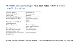 • Certain histological subtypes have been noted to have a relative
predilection site as –
*Rizvi MA, Evens AM, Tallman MS, Nelson BP, Rosen ST. T-cell non-Hodgkin lymphoma. Blood 2006; 107: 1255-1264
 