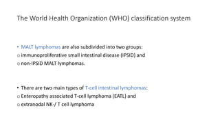 • MALT lymphomas are also subdivided into two groups:
oimmunoproliferative small intestinal disease (IPSID) and
o non-IPSID MALT lymphomas.
• There are two main types of T-cell intestinal lymphomas:
o Enteropathy associated T-cell lymphoma (EATL) and
o extranodal NK-/ T cell lymphoma
The World Health Organization (WHO) classification system
 