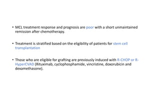 • MCL treatment response and prognosis are poor with a short unmaintained
remission after chemotherapy.
• Treatment is stratified based on the eligibility of patients for stem cell
transplantation
• Those who are eligible for grafting are previously induced with R-CHOP or R-
HyperCVAD (Rituximab, cyclophosphamide, vincristine, doxorubicin and
dexamethasone).
 