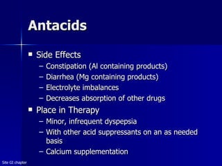 Antacids Side Effects Constipation (Al containing products) Diarrhea (Mg containing products) Electrolyte imbalances Decreases absorption of other drugs Place in Therapy Minor, infrequent dyspepsia With other acid suppressants on an as needed basis Calcium supplementation Site GI chapter 