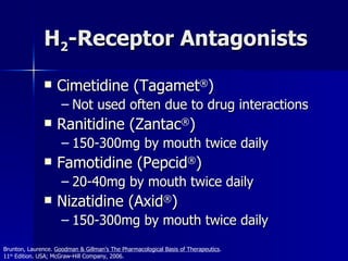 H 2 -Receptor Antagonists Cimetidine (Tagamet ® ) Not used often due to drug interactions Ranitidine (Zantac ® ) 150-300mg by mouth twice daily Famotidine (Pepcid ® ) 20-40mg by mouth twice daily Nizatidine (Axid ® ) 150-300mg by mouth twice daily Brunton, Laurence.  Goodman & Gillman’s The Pharmacological Basis of Therapeutics .  11 th  Edition. USA; McGraw-Hill Company, 2006. 