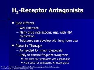H 2 -Receptor Antagonists Side Effects Well tolerated Many drug interactions, esp. with HIV medication Tolerance can develop with long term use Place in Therapy As needed for minor dyspepsia Daily to control frequent symptoms Low dose for symptoms w/o esophagitis High dose for symptoms w/ esophagitis Brunton, Laurence.  Goodman & Gillman’s The Pharmacological Basis of Therapeutics .  11 th  Edition. USA; McGraw-Hill Company, 2006. 