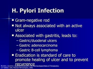 H. Pylori Infection Gram-negative rod Not always associated with an active ulcer Associated with gastritis, leads to: Gastric/duodenal ulcers Gastric adenocarcinoma Gastric B-cell lymphoma Eradication is standard of care to promote healing of ulcer and to prevent recurrence Brunton, Laurence.  Goodman & Gillman’s The Pharmacological Basis of Therapeutics .  11 th  Edition. USA; McGraw-Hill Company, 2006. 