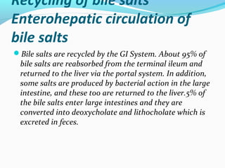 Recycling of bile salts
Enterohepatic circulation of
bile salts
Bile salts are recycled by the GI System. About 95% of
bi...