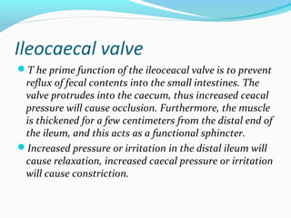 Ileocaecal valve
T he prime function of the ileoceacal valve is to prevent
reflux of fecal contents into the small intest...